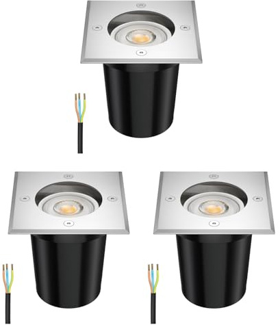 ledscom.de 3 Stück Boden-Einbauleuchte RELI für außen, IP67, edelstahl, 11 x 11cm, inkl. 7,6W LED Lampe 1103lm, 33°, warmweiß