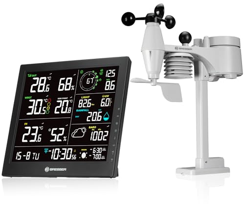 Bresser WLAN-Wetterstation 8-in-1 Außensensor Windmesser Regenmesser UV WBGT Hitzealarm Vorhersage Mondphase Innenhygrometer