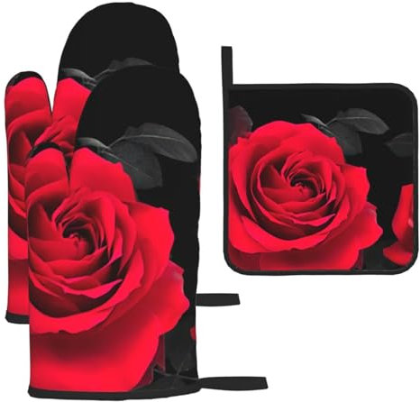 Set di 3 guanti da forno e presine natalizie con rose rosse, resistenti al calore, regalo per cucinare