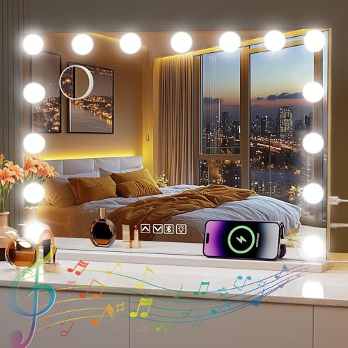 Habison Hollywood Spiegel Mit Bluetooth Mit 15 LED Lampen, 58 X 46 cm Schminkspiegel Mit USB Ausgang Und 5 Facher Vergrößerung Bluetooth Kosmetikspiegel, 3 Farbtemperatur Licht, Touchscreen Spiegel