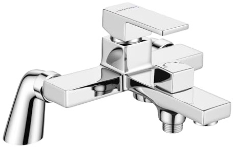 Ronvie Bath Shower Mixer Tap, Monobloc Single Lever Bathtub Mixer Tap with Dual Outlet for Bathroom, Solid Brass Chrome Finish, Square Shape Bathtub Pillars, Deck Mounted,1/2'' Outlet(without washers)