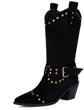 Genérico Mujer Ante Sintético Botas De Media Pantorrilla con Tachuelas Punta Puntiaguda Botas Cortas con Hebilla Tacón De Bloque Medio Estilo Vaquero,Negro,35.5 EU