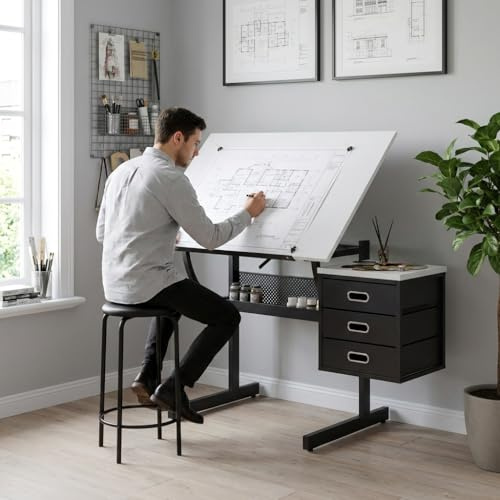 VENLUSUIR Drafting Table with Storage, Adjustable Art Desk & Art Table with Stool, 0-75° Tilting Top, 3 Drawers for Diamond Painting, Architecture, Animation, Office (Adults & Teens) (White)