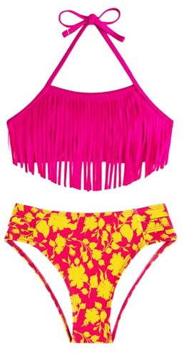 Focamia Girls Fringe Bikini Set,Halter Top&High Waisted Bottom,Hot Pink,1112Y