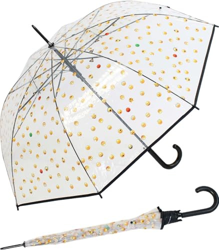happy rain Emoticon - Paraguas transparente con estampado automático de sonrisas, Negro , 99 cm, Paraguas con palo automático