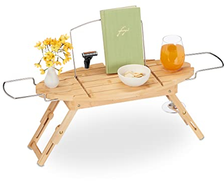 Relaxdays Vassoio per Vasca da Bagno, bambù, Regolabile 69-90 cm, con Leggio e Gambe Pieghevoli, Mensola, Naturale, Acciaio Inox, 5,5 x 69 x 23,5 cm