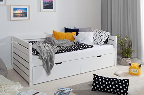 TiCAA Einzelbett Sofabett Funktionsbett, Naomi mit Schubkasten für Schlafzimmer, Kinderzimmer Kiefer Massivholz Bettgestell 100 x 200 cm