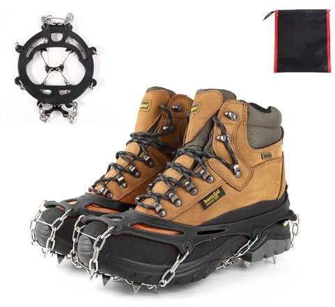 Steigeisen für Bergschuhe mit 10 Zähne Verdickte Schuhkrallen aus Edelstahl Anti-Rutsch Schuhspikes für Mann Frau Erwachsene Kinder Fit für Wandern Trail Running Trekking (Schwarz)