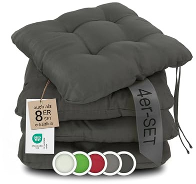 ZOLLNER 4er Set Sitzkissen in 38x38cm - gemütliche Stuhlkissen mit Bindebänder - waschbar bis 30°C - in Graphit - Oeko Tex® Zertifiziert