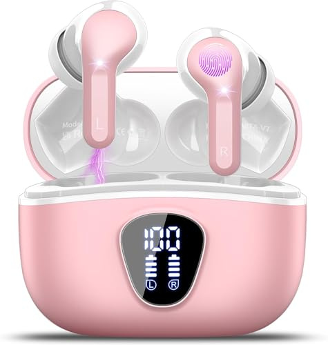Bluetooth Kopfhörer, Kopfhörer Kabellos Bluetooth 5.4 In Ear Ohrhörer | HiFi Stereo Tiefbass, 4 ENC Noise Cancelling Mic Ohrhörer, 40H Spielzeit, LED-Anzeige, Rosa