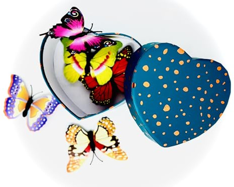 Caja de Regalo de Corazón Azul Celeste con 5 Mariposas Decorativas con 40 Varillas de Incienso Natural (Amor y Felicidad) con tablilla quemadora de Madera con una Delicada Bolsa Roja de Organza