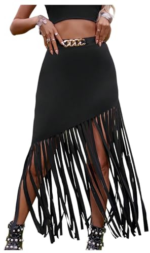 GORGLITTER Women's Asymmetrical Fringed Long Skirt High Waisted Chain Decor Party Maxi Skirts Black Large