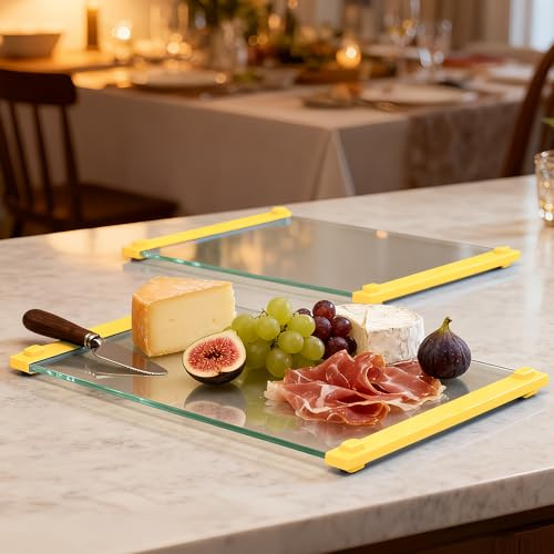 Tempered Glass Cutting Board for Kitchen, 12x16 & 12x8 2 Pcs,Heat Resistant, with Non-Slip Feet, Non Toxic,Dishwasher Safe (Yellow)