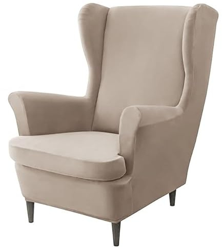 Domidekor Ohrensessel Überzug – Sesselschoner Beige – Sesselbezug Stretch - Strandmon Sessel Bezug – Sesselhusse Elastisch Samt Velour Schmutzabweisend - Oeko-Tex 100