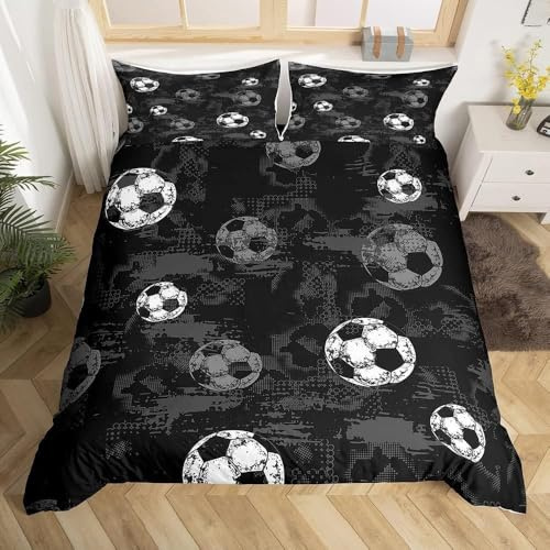 Funda Nordica Cama 90 Negro Microfibra 3D Funda Edredon 150x220 cm Tema Deportivo de Fútbol Ligero Transpirable Ropa de Cama con Cremallera y 2 Fundas de Almohada b-1247