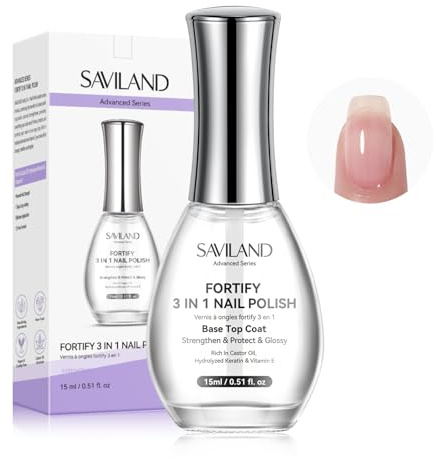 SAVILAND 3-in-1 Base & Top Coat & Nail Strengthener: 15ml Quick Air Dry Clear Nail Polish Nail Strengthener and Growth for Damaged Nails Nail Treatment Glossy Regular Nail Lacquer Women Gift