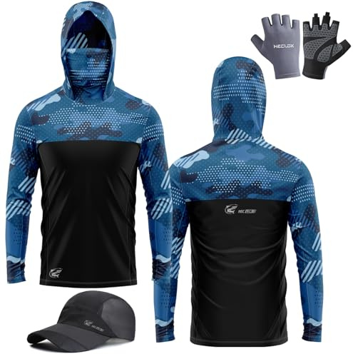 Hommes UPF 50 + Chemises à Capuche de Pêche Protection Solaire UV à Manches Longues Randonnée en Plein air T-Shirts à Capuche, Comprend des Gants et Un Chapeau de pêche (Set-1,TG)