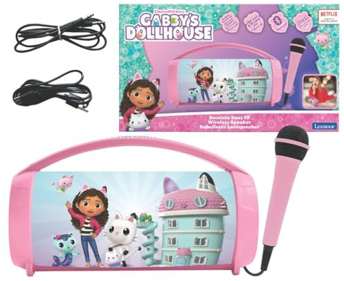 Lexibook, Gabby's Dollhouse, Wireless light speaker with microphone, Stereo sound, Karaoke function, USB and SD card ports, Rechargeable battery, Carrying handle, Pink, BTP585GDHZLXB