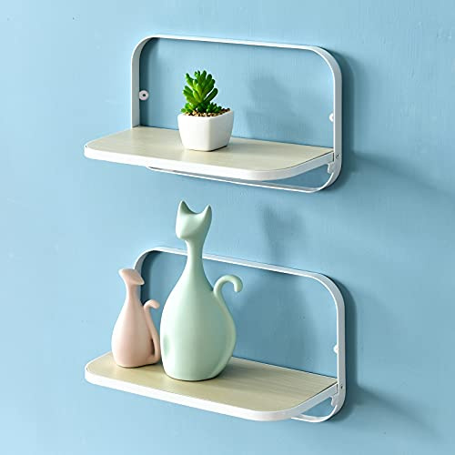 WELLAND Arlington Floating Shelves Set of 2 | Folding Display Wall Shelves | Walnut Grain Wooden Board & Metal Frame | 12 W x 5 D x 7 H | White (Upgraded)