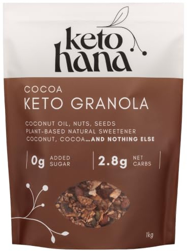 Keto Hana Cocoa Keto Granola Keto Diet Vegan Grain Free Dairy Free Plant Based No Refined Sugars Gluten Free 2.8g Net Carbs Breakfast Cereal - Bulk, Family Pack 1kg/2.2lbs