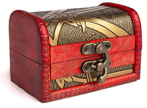 ElcoRDONROT Kleine Holzkiste mit Deckel, Schatztruhe, Schmuckkästchen, Holztruhe, Ringhalter, Box mit Vorhängeschloss. 9,5 x 6,5 x 6,5 cm (rot)