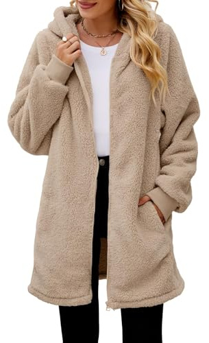 ReachMe Womens Fleece Zip Up Jacket with Pockets Fuzzy Jackets for Women Oversized Long Sherpa Hoodie Teddy Coat(01 Khaki,S)