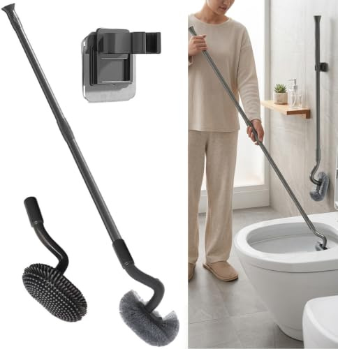 Long Handle Toilet Brush Set with Holder and 2 Brush Heads Silicone and Stiff Bristle Toilet Bowl Scrubber Bathroom Brush Cleaning Tool for Home