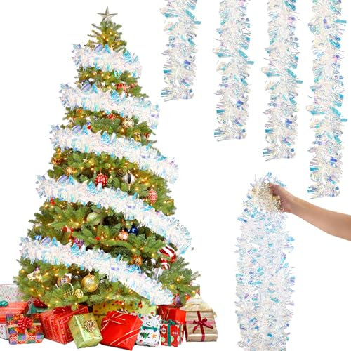 4 Piezas x 2M Espumillón de Navidad Scintillante, Guirnalda Decorativa para Árbol, Escalera, Chimenea y Pared