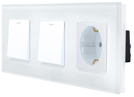 Luxus-Time Marco de 3 vías con 2 interruptores de luz basculantes y enchufe Schuko para empotrar empotrable, interruptor basculante (marco de cristal, 2 interruptores de luz + enchufe, color blanco)