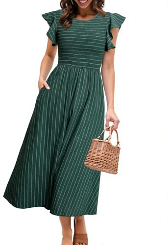 Simplee Womens Striped Midi Summer Dress Linen Casual Flutter Short Sleeve Crew Neck Smocked Elastic Waist Tiered Beach Dress(Dark Green L)