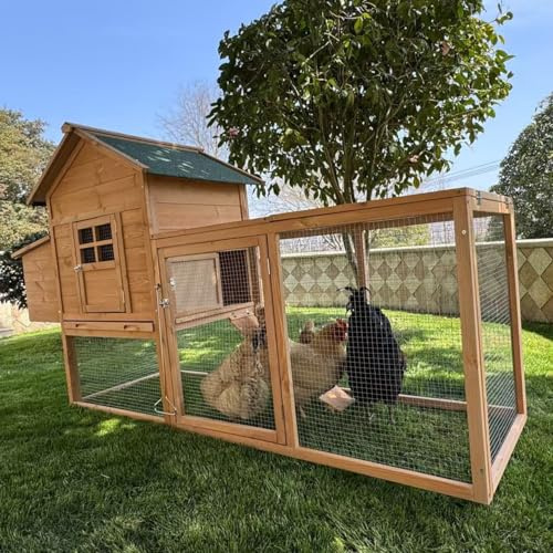 Phonjoroo Chicken Coop, 80” Wooden Chicken Run 2 Tier Pet House w/Pull Out Tray & Ramp Rabbit Hutch w/Egg Box Pet Hutch with Waterproof Roof & Lockable Door Indoor Outdoor Use