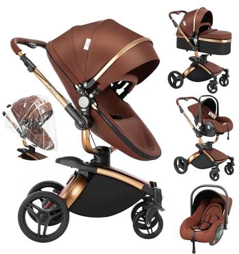 Veitoalioy PU Pelle Passeggino 3 in 1 Trio Neonati, 360° Sedile Girevole 3 in 1 Passeggini Per Neonato, Carrozzino multifunzione, Passeggino Pieghevole (906 Brown)