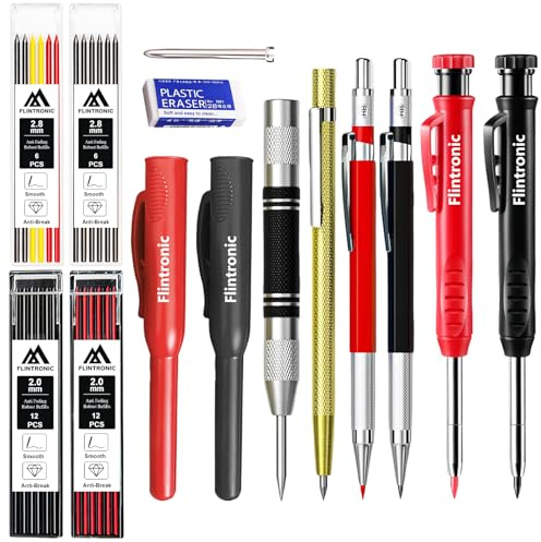 flintronic Tieflochmarker Bleistift Set, 14er-Set Zimmermannsbleistifte mit 40 Minen, Bleistift Baustelle, Zimmermannsbleistift mit Etui, Robuster Konstruktionsbleistift für Architekten