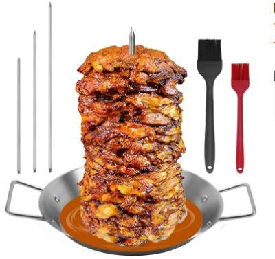Vertical Meat Skewer Grill, 10-Inch Stainless Steel BBQ Vertical Kebab Skewer Grill with 3 Removable Spikes and 2 Brushes, Barbecue Grilling Rack Meat Spit for Chicken Fish Steak Sausage