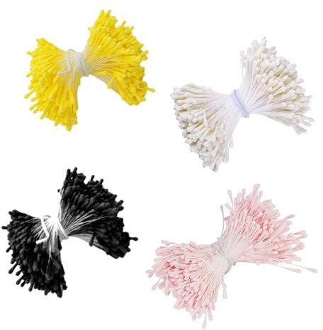 Caelura 1400 Stück Pfeifenreiniger Blumen Staubblatt mit Zwei Perlen Köpfen 3mm, Pfeifenreiniger zum Basteln, Matte Staubgefäße in Gelb, Weiß, Rosa, Schwarz Ideal für Blumen DIY Projekte