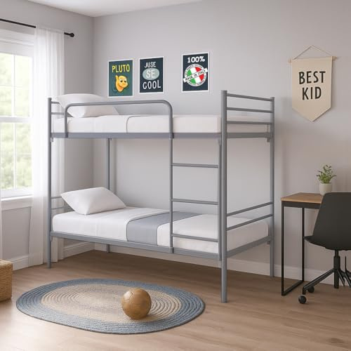 Filoben Letto a Castello Argento Moderno per Adulti e Bambini 200x80 cm Metallo,Ferro,Acciaio, con 2 Rete Letto 80x190, Scomponibile in 2 lettini