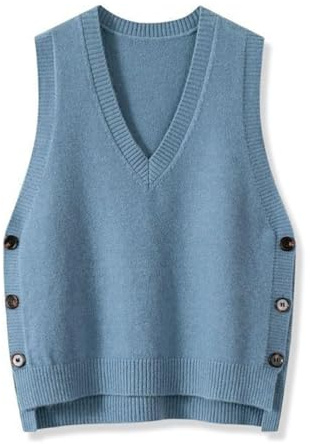 shownicer Pulls sans Manches Femme Décontracté Col V Gilet Tricot Couleur Unie Sweater Pullover avec Bouton A Bleu L