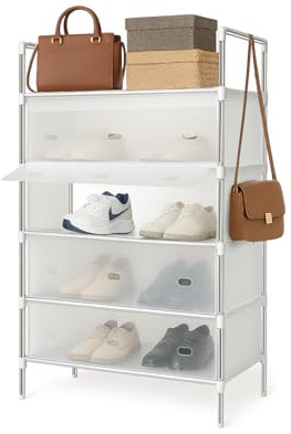 MULIN Scarpiera Salvaspazio Slim a 5 Ripiani con Copertura Antipolvere per 15-18 Paia di Scarpe, 60x28x57cm, Per Soggiorno Ingresso Veranda Corridoio Camera da Letto, Bianco