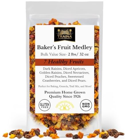 Traina Home Grown Baker’s Dried Fruit Medley - Raisins, Apricots, Peaches, Nectarines, Pears, Sweetend Cranberries - Non GMO, Gluten Free, Vegan, Healthy Real Fruit Snack in Resealable Pouch (2 lbs)