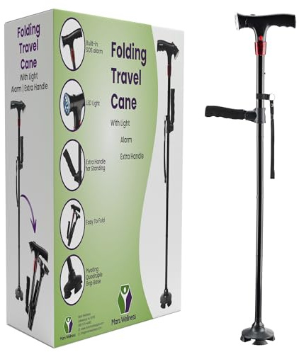Smart Walking Cane with LED Light - Foldable, Adjustable Cane with Flashlight & Alarm for Seniors, Men & Women - Self Standing Tripod Cane - Collapsible Travel Support Stick