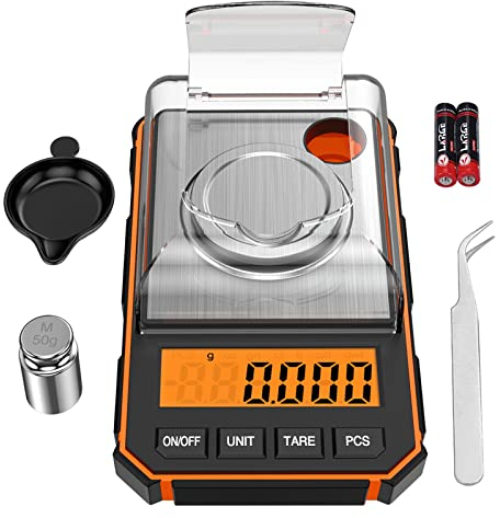 ORIA Balance de Cuisine Précision 0.001g, Balance de Poche avec Poids Calibrage 50g, Tare & Écran LCD Rétroéclairé pour Aliments, Café, Poudre - Orange