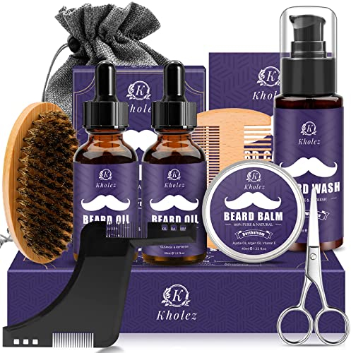 Bartpflege Set für Männer, KHOLEZ 10 in 1 Bart Set Geschenk Herren mit 60ml Bartshampoo, 30ml Bartöl*2,Bartbalsam,Bartkamm,Bartbürste,Bartschere,Reisetasche,Bart Geschenke für Männer Weihnachten