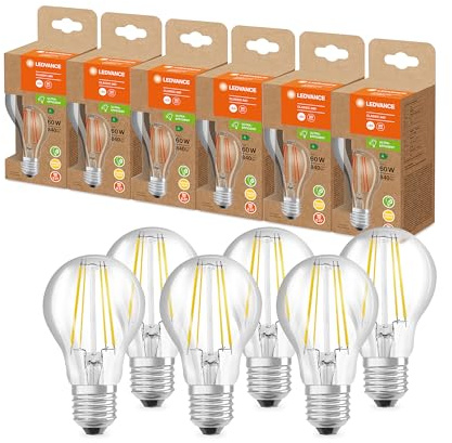 LEDVANCE Lampe à économie d'énergie à LED, ampoule à filament en verre, E27, blanc chaud (3000K), 4 watts, remplace une ampoule de 60W, très efficace et économe en énergie, pack de 6