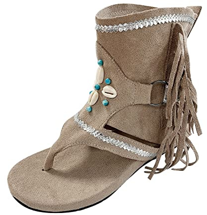 Sandalias de playa planas para mujer - Sandalias de verano con borlas y adornos en los zapatos - Plataforma Peep Toe - Botines con suela ligera y suave - Elegantes sandalias de ocio, caqui, 38 EU