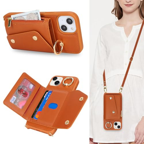 Lipvina Hülle für iPhone 13/14 Hülle mit Band Kartenhalter handyhülle Hülle für iPhone 13/14 mit Reißverschluss Band Ring Ständer Case für Frauen - Braun
