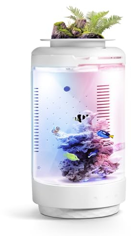 FZONE 1.2Gal Small Fish Tank with Plant Pot, All-in-one Desktop Aquarium Kit with Adjustable 4 Color Light Modes,20dB Filtration Pump,Detachable Backdrop,Invisible Touch Switch, Office & Home Decor