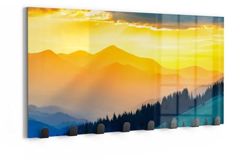DEQORI Wandgarderobe Glas & Metall | Motiv Sonnenuntergang in Bergen | 60x30 cm | Design Haken-Leiste modern | Garderoben-Paneel für Flur, Wohnzimmer & Schlafzimmer | magnetisch & beschreibbar