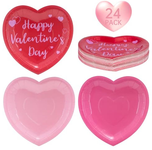 24 Pcs Happy Valentine's Day Plates - Red Pink Heart Shaped Paper Plates, Disposable Love Heart Dinner Dessert Plate Tableware for Valentines Day Anniversary Wedding Party Supplies, 7.5 x 7.5 Inch