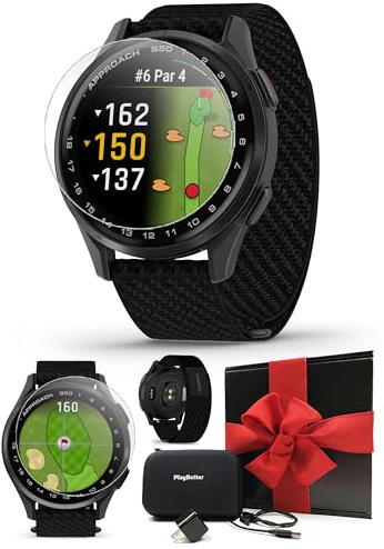 Garmin Approach S50 (Slate/Black) Golf GPS Smartwatch Gift Box Bundle - 1.2 AMOLED Display, On-Course Features, Wrist Heart Rate with PlayBetter Screen Protectors, Wall Adapter & Hard Case