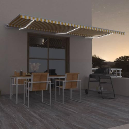 IKAYAA Toldo Motorizado 600 x 300 cm con luz LED, Toldo Eléctrico y Manual Retráctil,Toldo Articulado Eléctrico con Mando a Distancia, Toldo Brazo Extensible para Terraza, Jardín Amarillo y Blanco